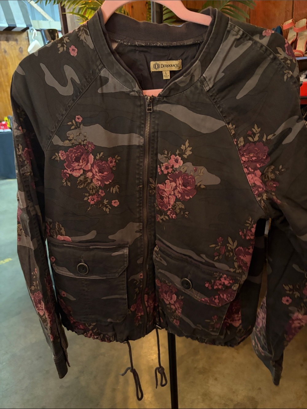 Democracy Floral Camo Bomber Jacket in Dark Gray and Rose